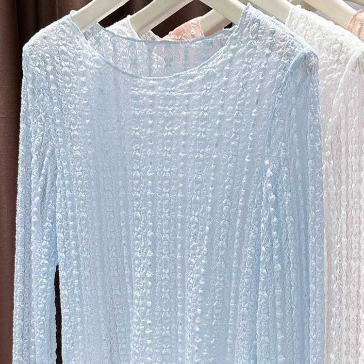 French Lace Long Sleeve T Shirt for Women Lightweight Sheer Slim Fit Round Neck Summer Layering Top Wholesale