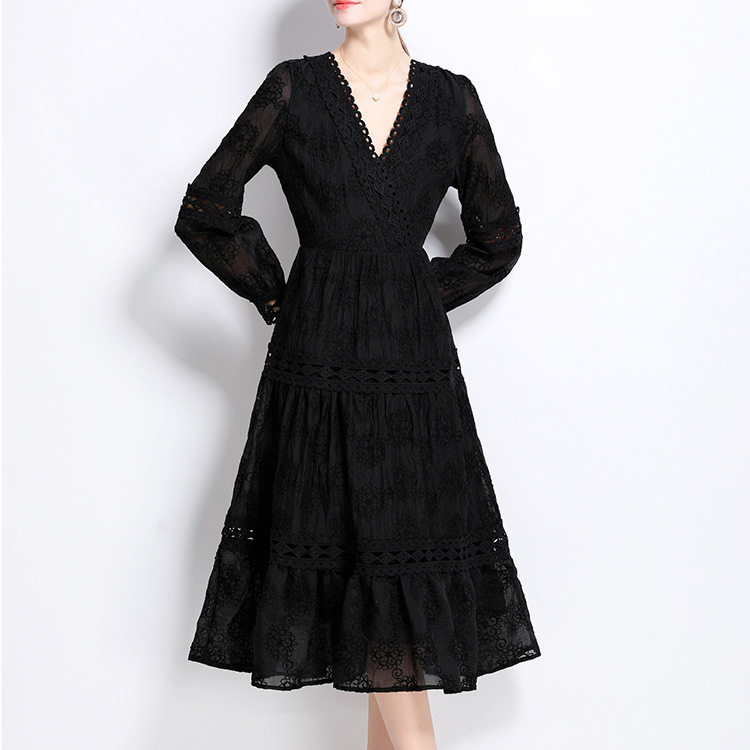 French Court Style Floral Lantern Sleeve Dress Hollow Out V Neck Elegant Long Gown Spring Fashion Wholesale