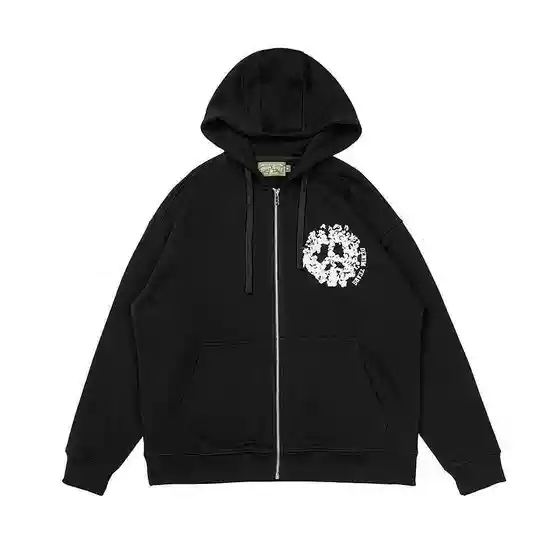 New Autumn and Winter European and American Style Flower Letter Foaming Cardigan Zipper Loose Street Hip-Hop Men's and Women's Hooded Sweater