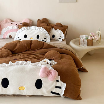 Cartoon Big-Faced Cat Imitation Cashmere Four-Piece Set Melody Patch Embroidery Thickeneded Autumn and Winter Milk Velvet Four-Piece Set