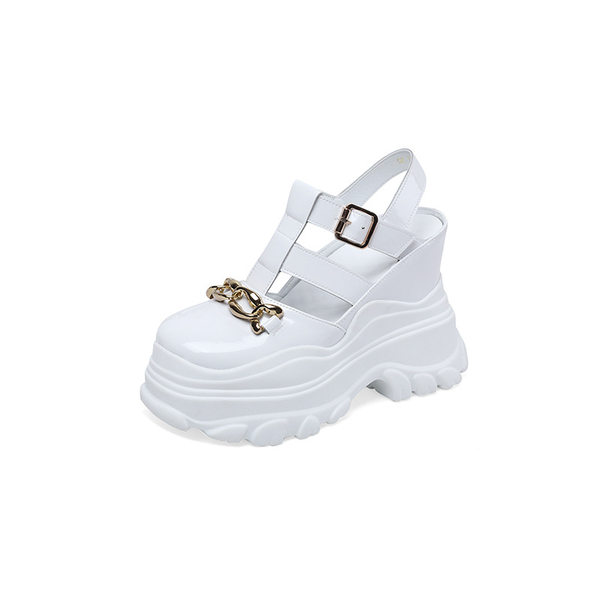 Giày Sandal Cao Gót Nữ Bít Mũi Da Bóng Đế Xuồng Gót Cao 12cm Màu Đen, Xanh Lá, Trắng