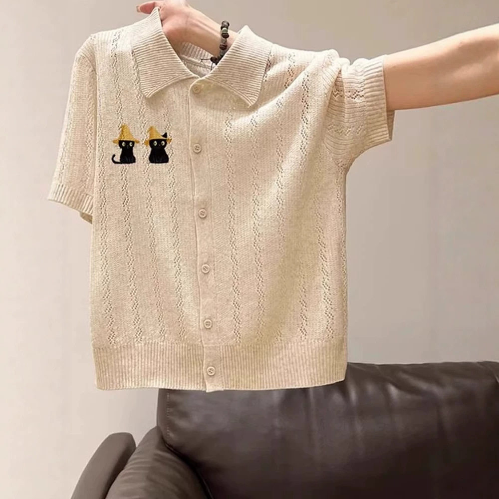 日系翻领刺绣短袖针织开衫女夏季高级感巨好看宽松显瘦polo衫上衣