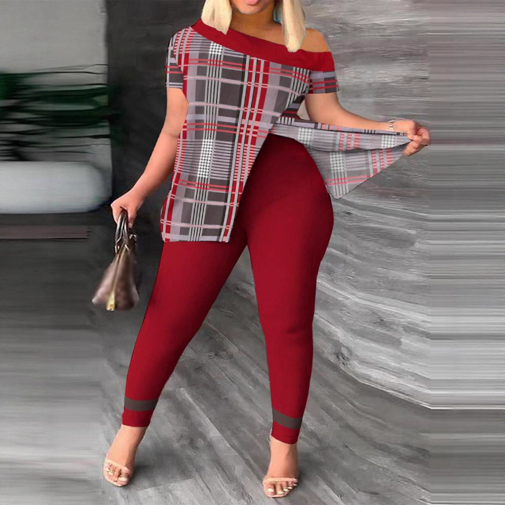 2024秋季欧美跨境女装亚马逊速卖通斜领长裤两件套时尚印花套装女