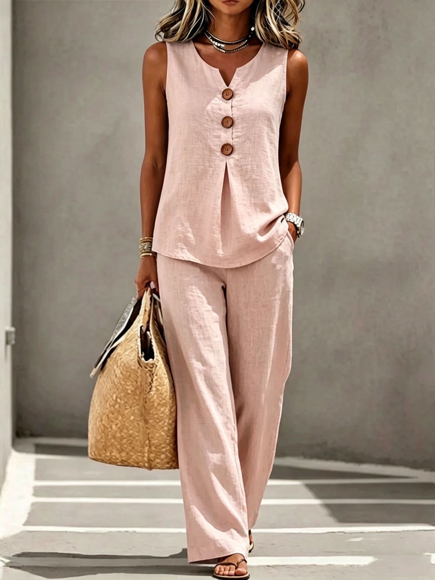 Sleeveless Button Up Top and Long Pants Set Comfortable Solid Color Summer Style Womens Casual Wear Wholesale