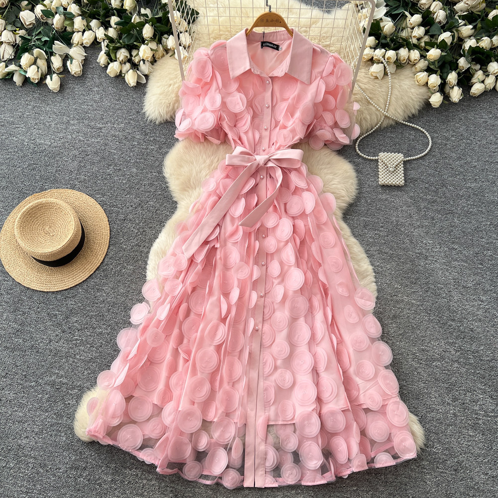 French Style Lace Dress for Women Short Sleeve Tie Waist A Line Silhouette Elegant Summer Occasion Wear Wholesale