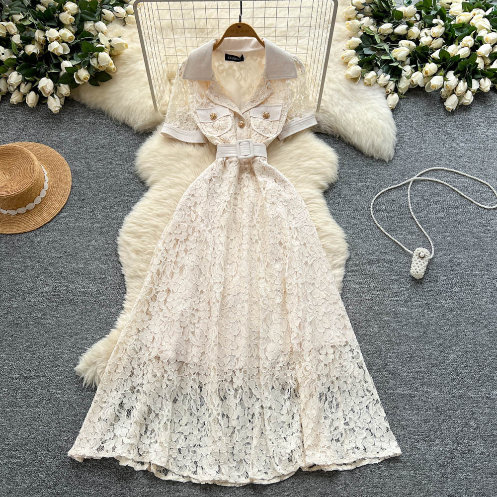Elegant French Style Short Sleeve Dress for Women Lace Belted Flared Skirt Summer Occasion Wholesale Available