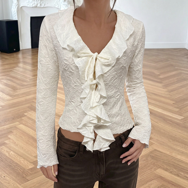 Long Sleeve V Neck T Shirt Solid Color Ruffle Hem Korean Style Casual Wear for Women OEM Available