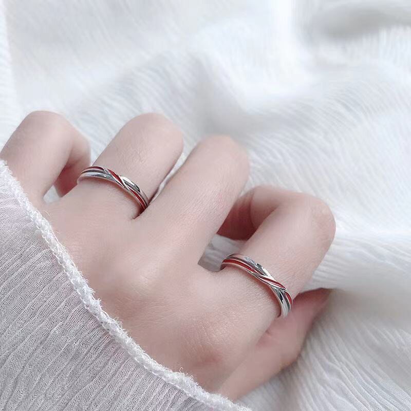 Cross Red Line Couple Ring for Men and Women a Pair of Red Drop Glue Open Ring Fashionable Simple Mobius Ring
