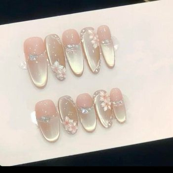 [Spring Flower Evening Pick-up] Pure Hand-Wearing Nude Cat's Eye Nail Art Spring New Five-petal Flower Nail Art White Armor