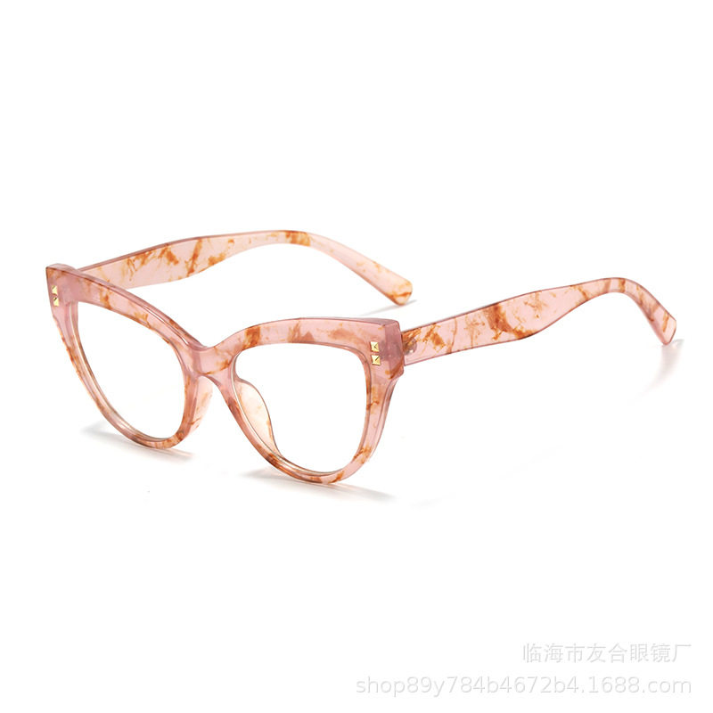 European and American Cat-Eye Rivet Black and White Panda Flat Glasses Frame Anti-Blue Light Lenses Street Style Retro Sunglasses Large Frame