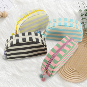 New Dopamine Shell Makeup Bag Striped Canvas Large Capacity Portable Toiletry Bag Travel Makeup Storage Bag