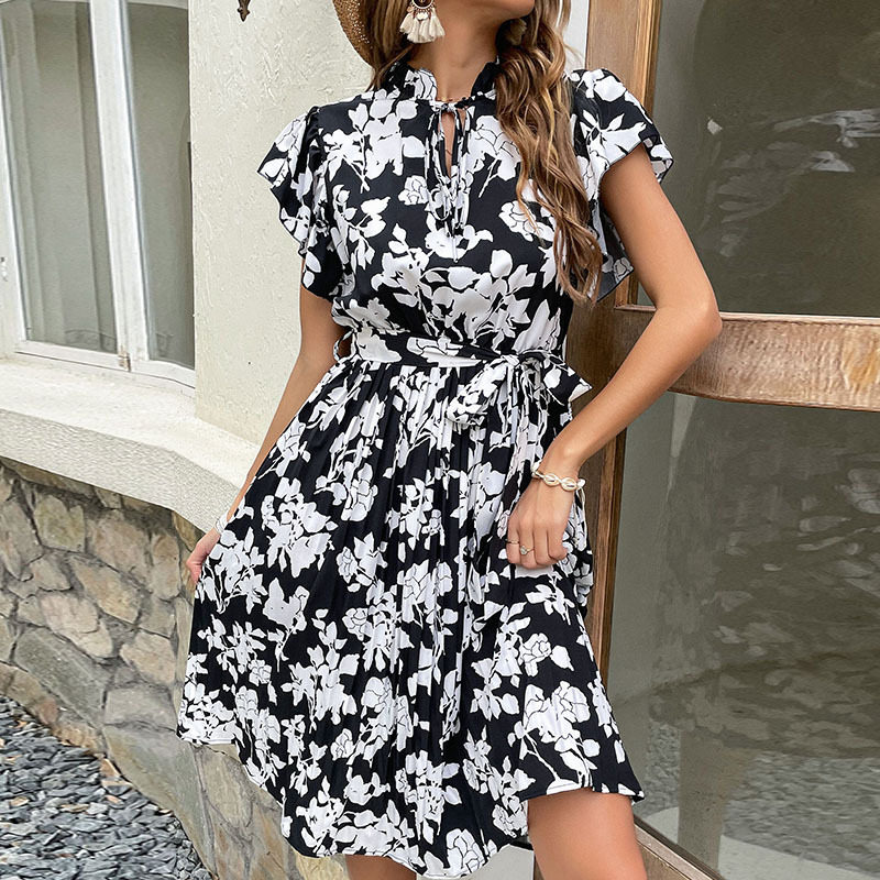 High Waist Midi Dress Floral Print Black Color Summer Style Wholesale Available private label