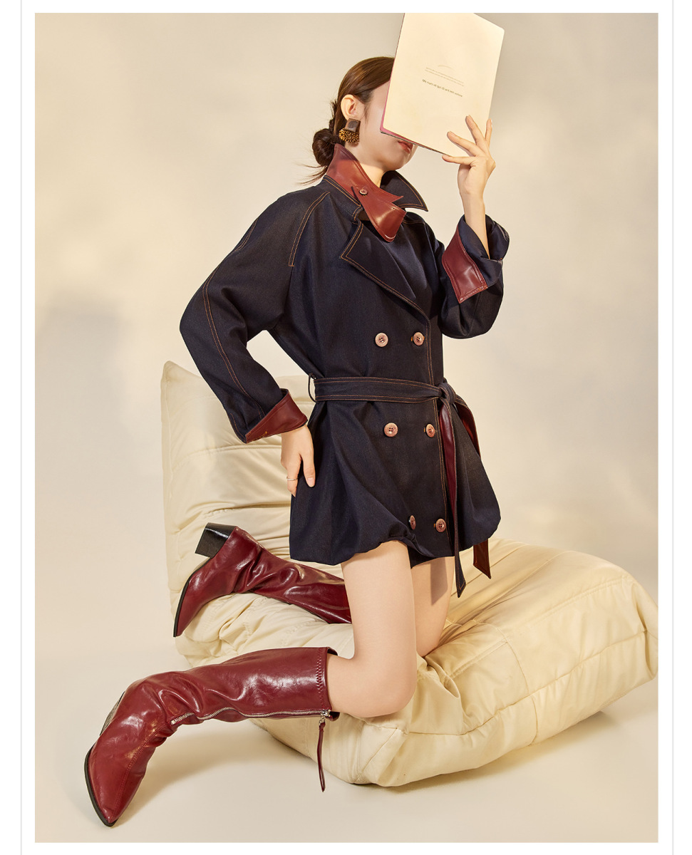 Áo khoác dáng trench denim phối chỉ tương phản cổ bẻ thắt eo dài trung — Xanh navy (giao hàng trong 7 ngày)