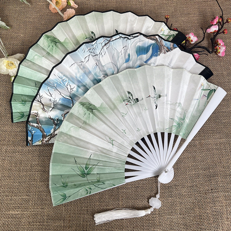 8 inch new double-sided students dance fan antique silk cloth disco plastic fan folding fan female manufacturers wholesale