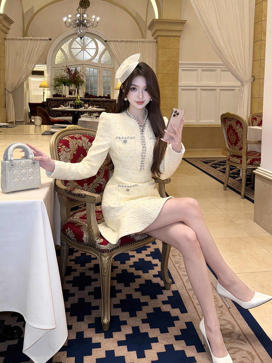 Đầm đuôi cá ôm dáng cổ chữ V đính đá công phu — Màu be
