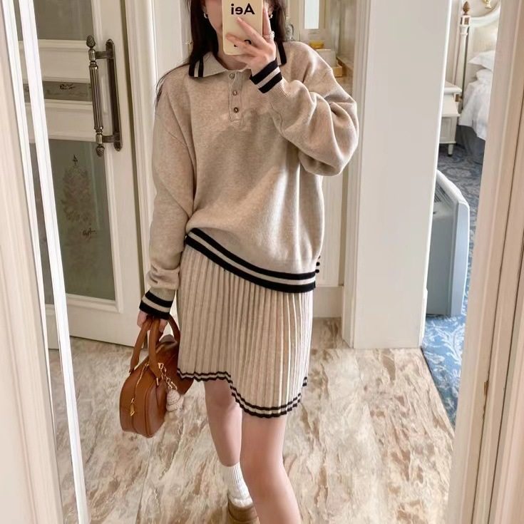 Sweet Elegant Polo Collar Loose Slim Knitted Sweater Women's College Style Autumn New Pleated Skirt Two-Piece Set