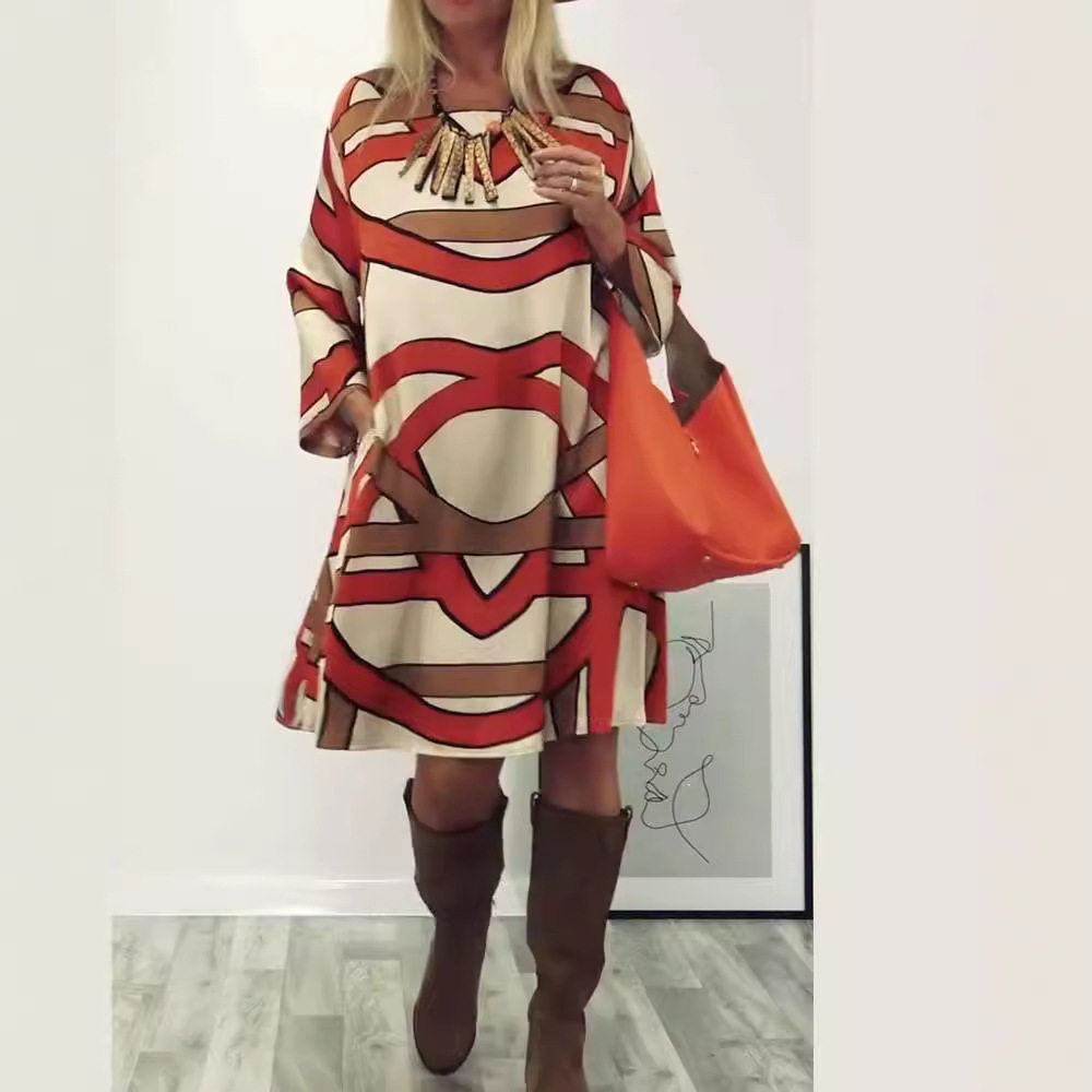 Long Sleeve Printed Dress Round Neck Trendy Design Autumn Collection Perfect for Casual Outings Wholesale Available