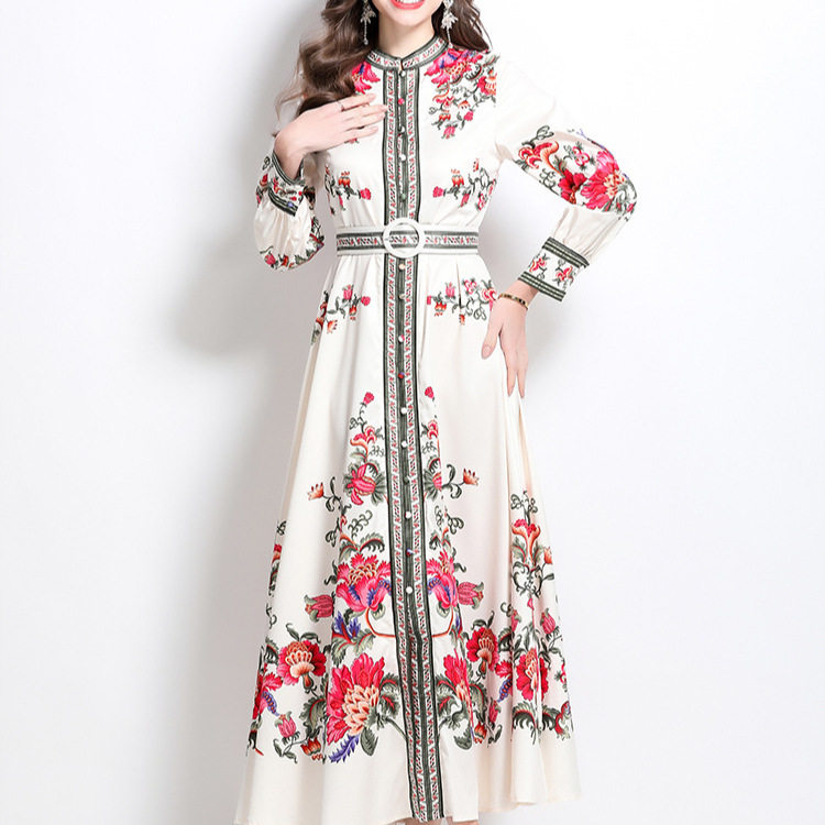 Vintage Inspired Floral Print Dress Round Neck Lantern Sleeves Single Breasted Waist Defined Elegant Evening Gown
