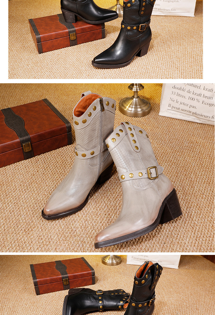 Boot nữ da bò thật cổ trung, mũi nhọn gót vừa phong cách cao bồi — màu đen, màu xám
