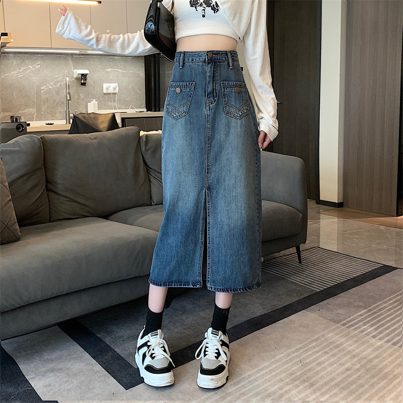 High Waisted A Line Denim Skirt for Women Mid Length Cement Gray Perfect for Spring Wholesale Available