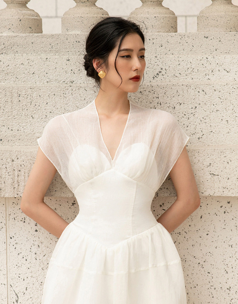Áo croptop nữ tay raglan cổ chữ V kết hợp chân váy chữ A midi cạp cao — Trắng, Đen chi tiết 9