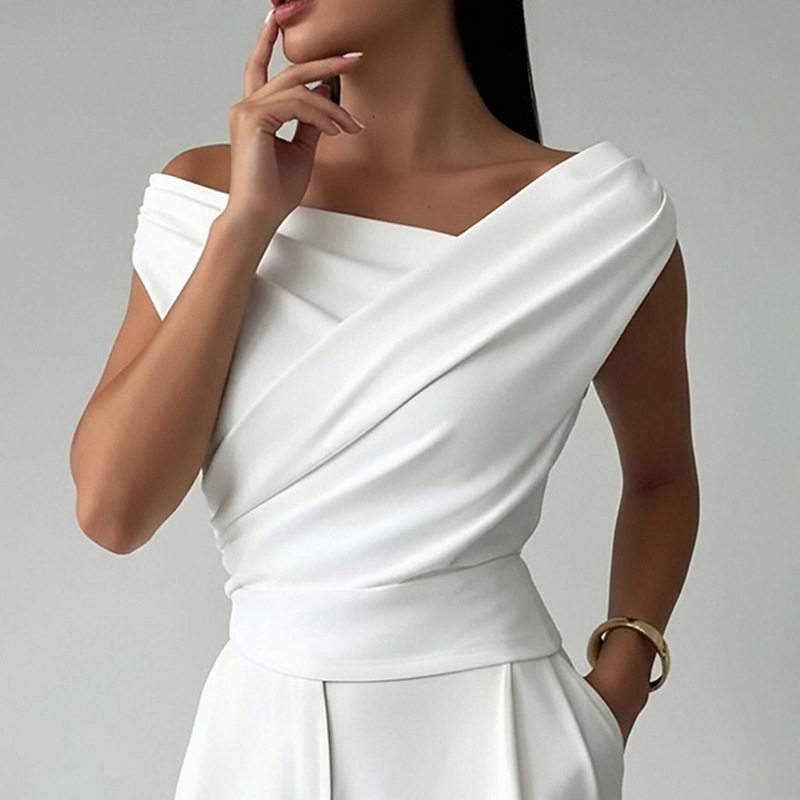 Womens Spring Short Top Fashionable Solid Color Asymmetrical Neckline Ruffled Design Casual Wear Wholesale