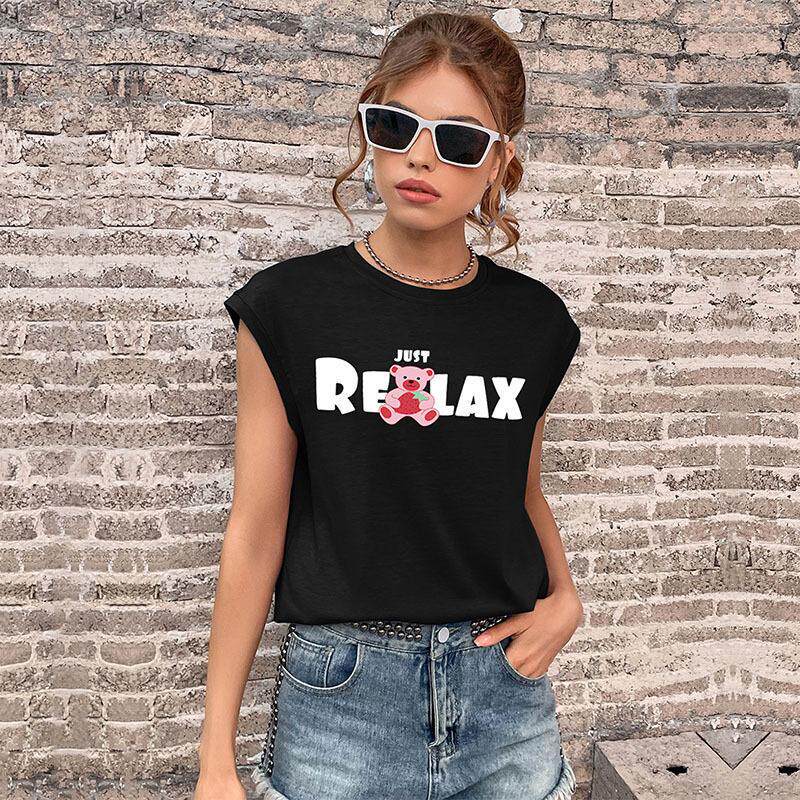 Womens Black Printed Short Sleeve T Shirt Summer Casual Style Trendy European and American Fashion Wholesale Available