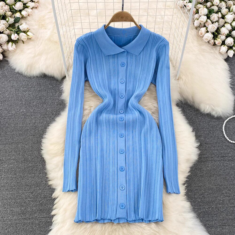 Vintage Inspired Long Sleeve Polo Dress Slim Fit Waist Defining Knitted Fabric Autumn Fashion for Women Wholesale