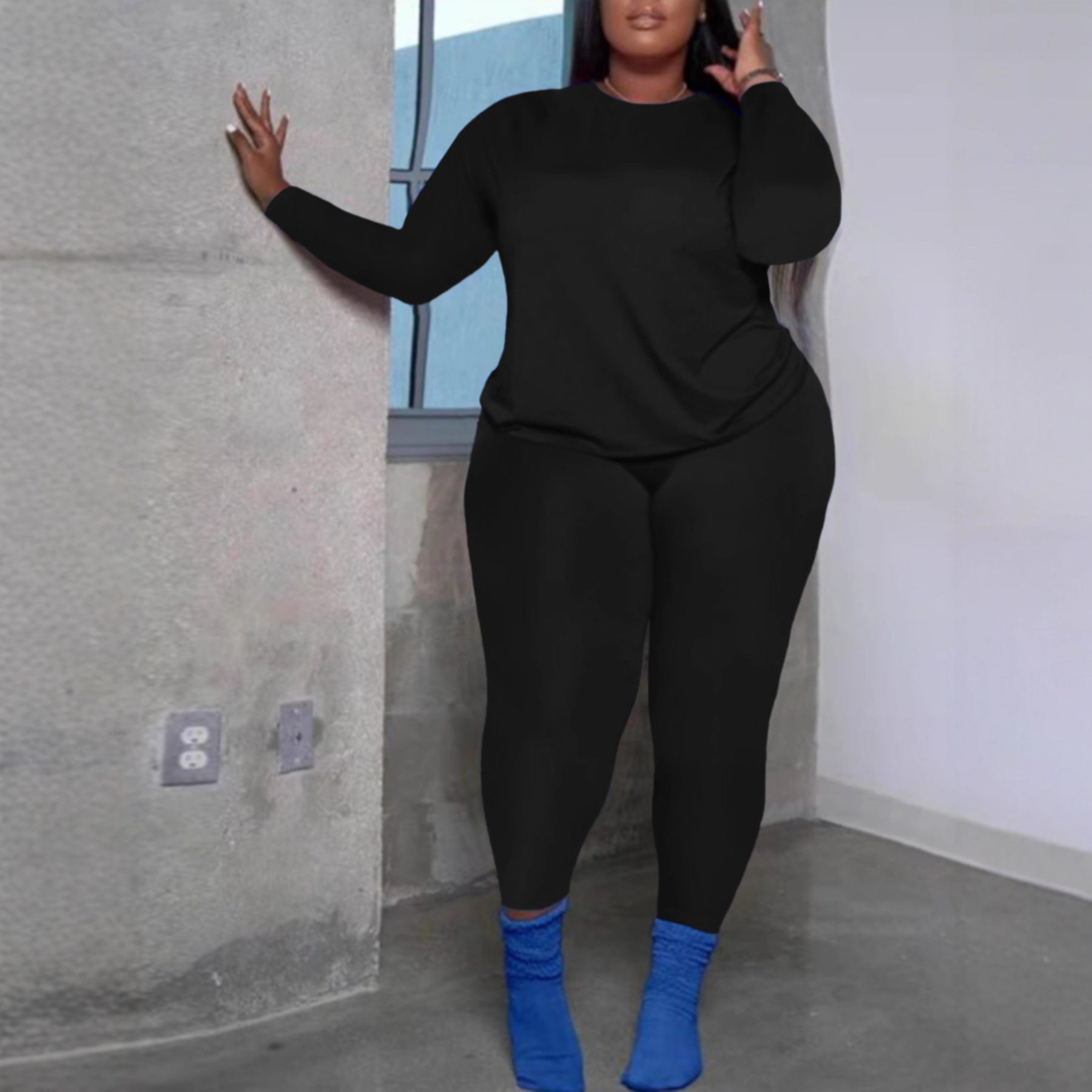 European and American New Large Size Women's Pure Color Two-Piece Suit, Long-Sleeved Round Neck T-Shirt Top and Tights Two-Piece Set