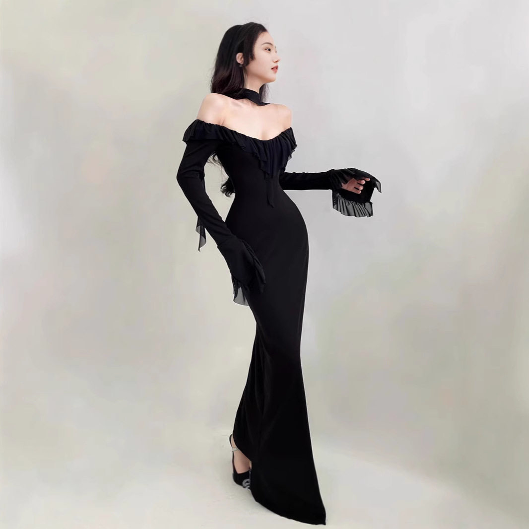 Elegant Long Sleeve Bodycon Dress Off Shoulder Design Fringe Detail High Waist Flared Sleeves Perfect for Autumn