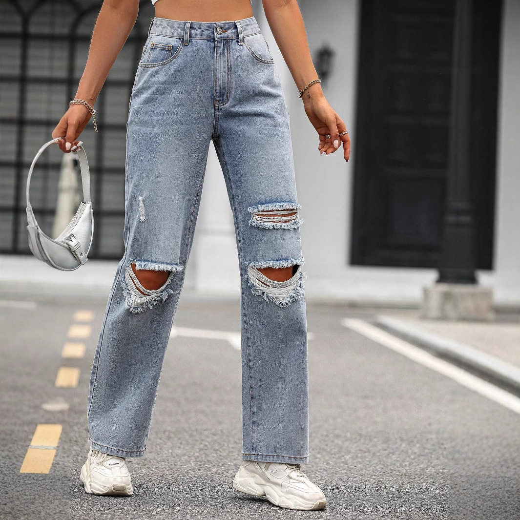 High Waisted Wide Leg Distressed Jeans Loose Fit Trendy Style Casual Wear Wholesale Available