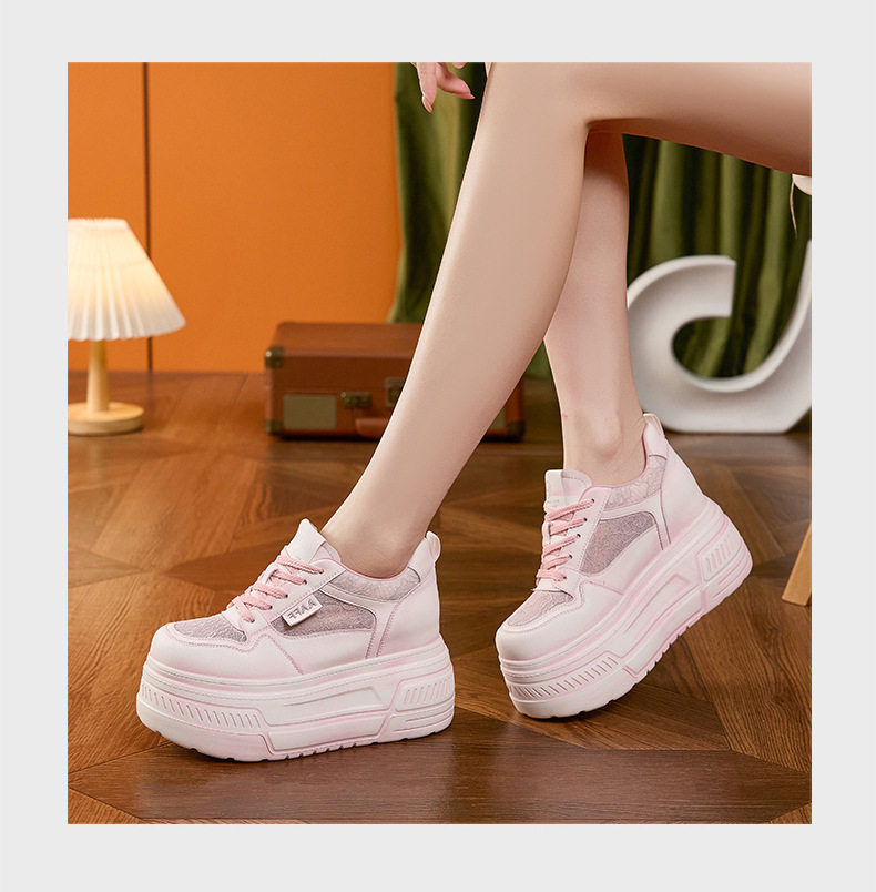Giày platform nữ đế xuồng trắng thoáng khí, gót siêu cao 8 cm, mũi tròn, dây buộc phía trước — Xanh dương, Hồng, Xám, Trắng chi tiết 16