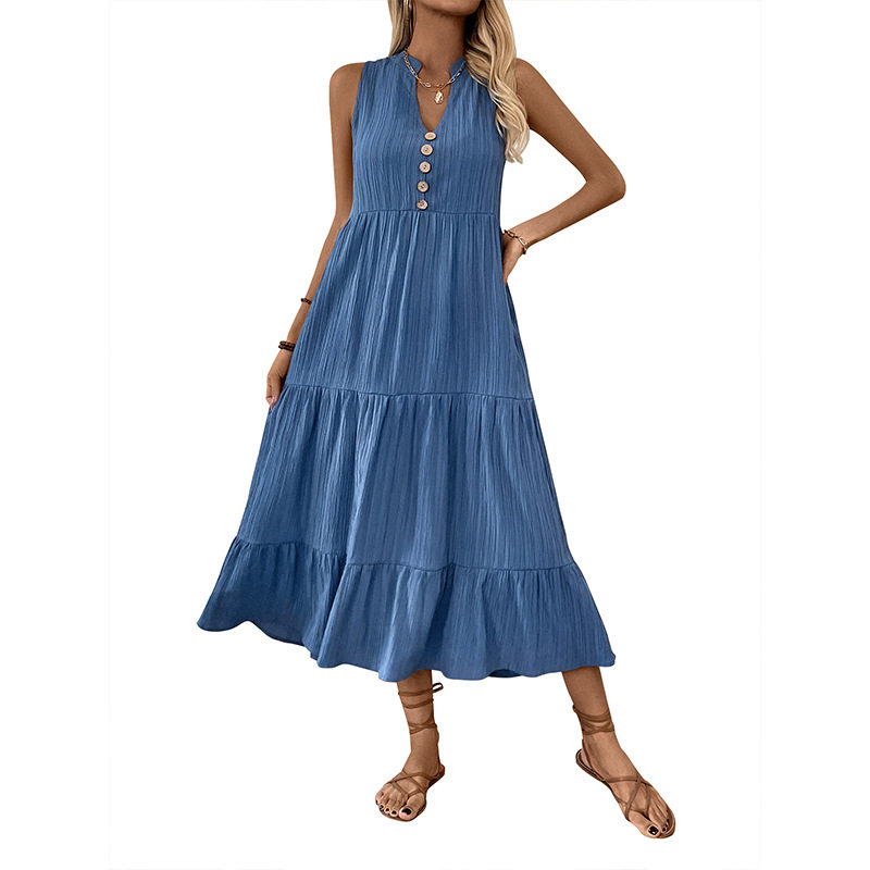 Summer Casual Midi Dress Button Detail Solid Color V Neck Sleeveless Perfect for Everyday Wear Wholesale Available