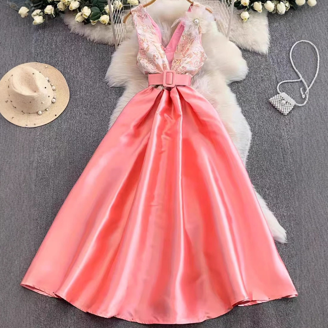 Pink Satin A Line Sleeveless Dress High Waist Flattering Fit Flared Skirt Elegant Spring Occasion Wear Wholesale