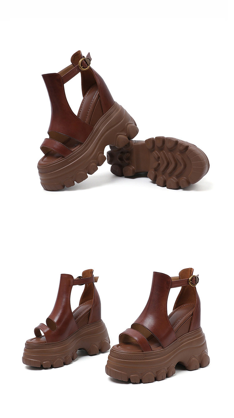 Sandal cao gót nữ hở mũi đế xuồng 14 cm da bò thủ công phong cách vintage — [Đen], [Nâu] chi tiết 11