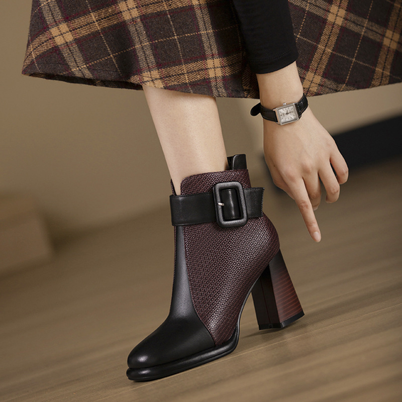 Boot nữ cổ thấp mũi tròn gót dày phong cách thanh lịch — màu đen, màu nâu