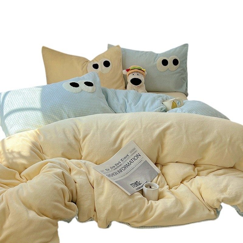 Cream Wind Milk Velvet Four-piece Set Winter Thickened Flange Coral Velvet Quilt Bed Single Dormitory Bedding Three-piece Set