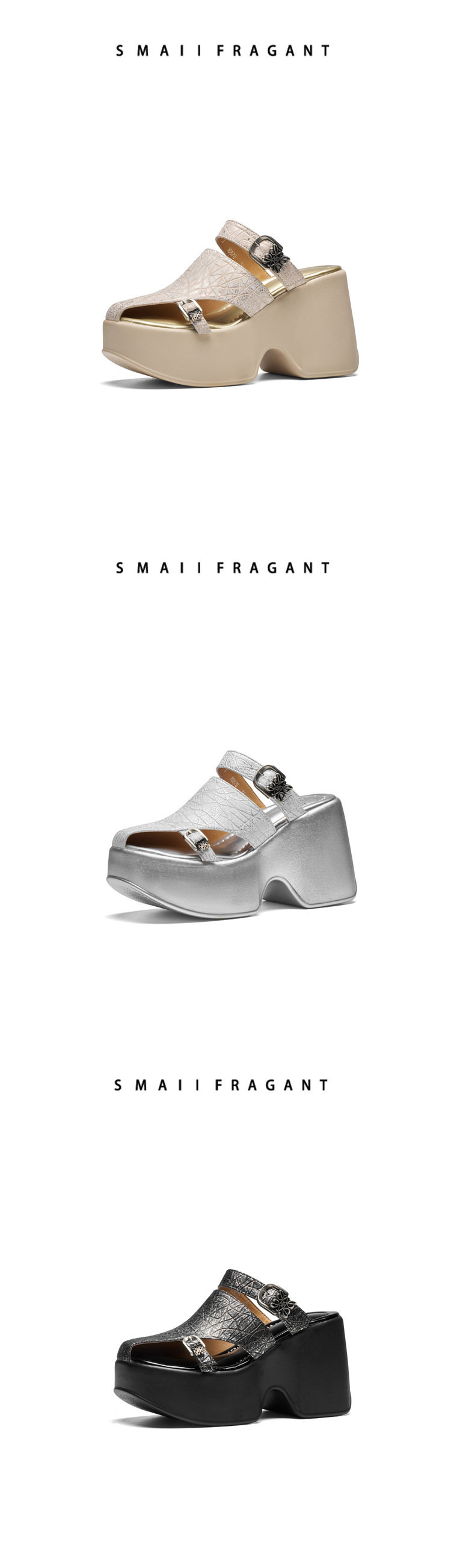 Sandal cao gót nữ hở mũi đế xuồng 10 cm da bò thật phong cách La Mã — [Đen], [Bạc], [Vàng nhạt] chi tiết 7