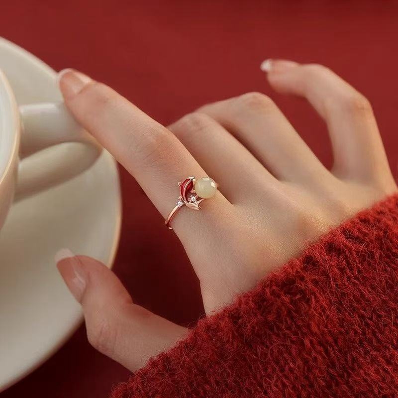 新中式玉见锦鲤戒指女滴胶金鱼素圈食指戒简约百搭民族风开口指环