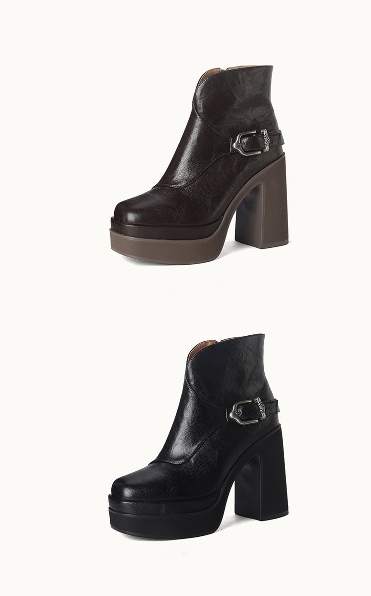 Boot nữ gót cao 12cm da bò cổ ngắn khóa kéo bên hông — màu đen, Màu nâu