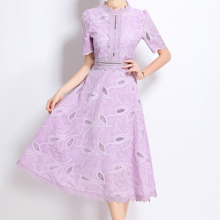 Elegant Short Sleeve Lace Dress for Women French Style Hollow Out Waist Defined High End Fashion Perfect for Formal