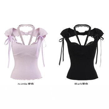 Butterfly Purple Slim-Fit T-Shirt Lace Halter Bra Underwear Two-Piece Set for Women Summer Versatile Short Ruffle Top