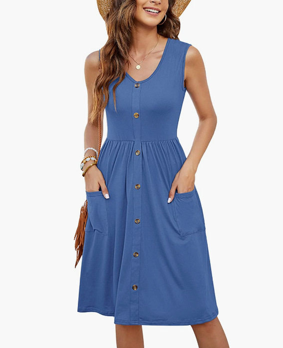 Sleeveless V Neck Dress Solid Color Button Pocket Casual Style Perfect for Summer Events Wholesale Available