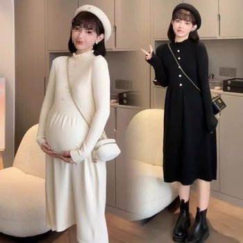 Maternity Sweater Dress Autumn and Winter New Style Elegant Lace Collar Knitted Skirt Autumn and Winter Bottoming Dress
