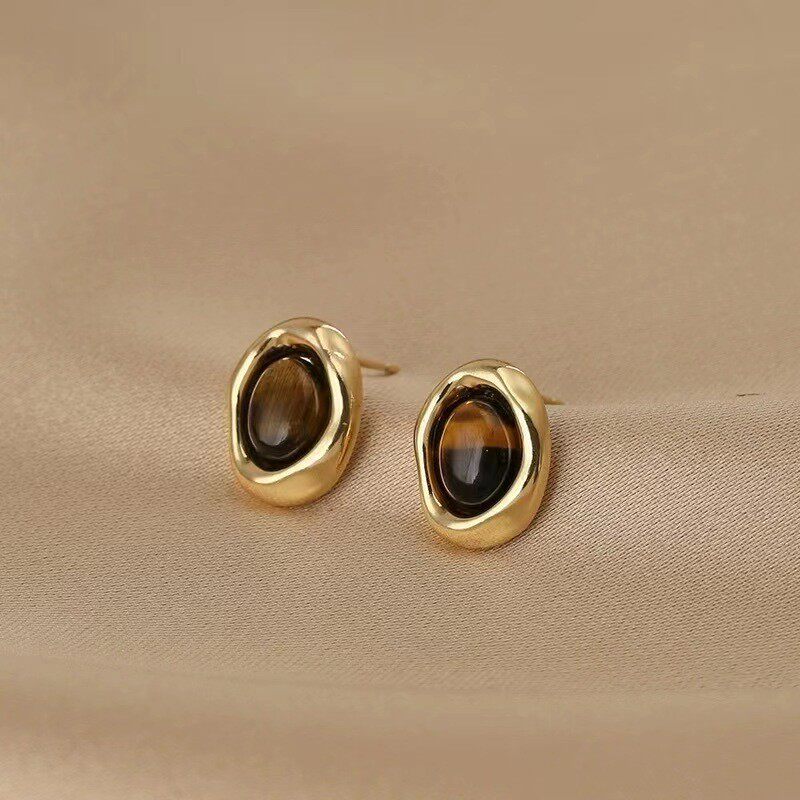 Caramel Chestnut Maillard Style Tiger Eye Stone Oval Earrings Women's Atmospheric Retro Autumn and Winter Earrings 2025 New