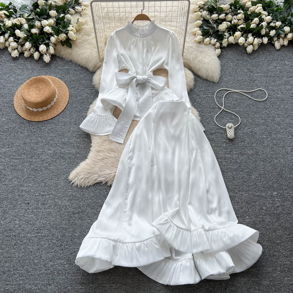 Womens Satin Long Sleeve Top with Tie Waist High Waist Flared Ruffle Hem Skirt Elegant Fall Two Piece Set Wholesale