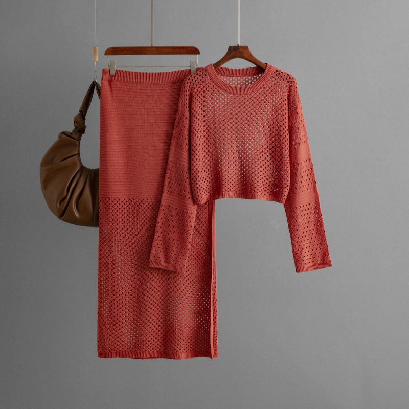 欧美跨境女装2024新款夏季镂空针织衫长款半身裙时尚两件套裙装