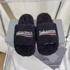 Foreign Trade Shoes 2025 Winter Paris Fur Slippers for Women to Wear Outside with Letter Embroider Flats Slippers for Women with Lamb Hair