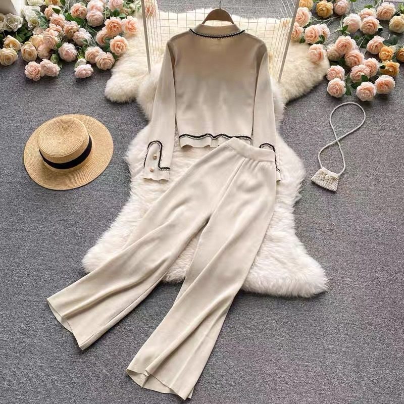 Light and Sophisticated Style Knitted Suit for Women in Autum New Design Single-Breasted Cardigan High-Waist Slimming Wide-Leg Pants Two-Piece Set