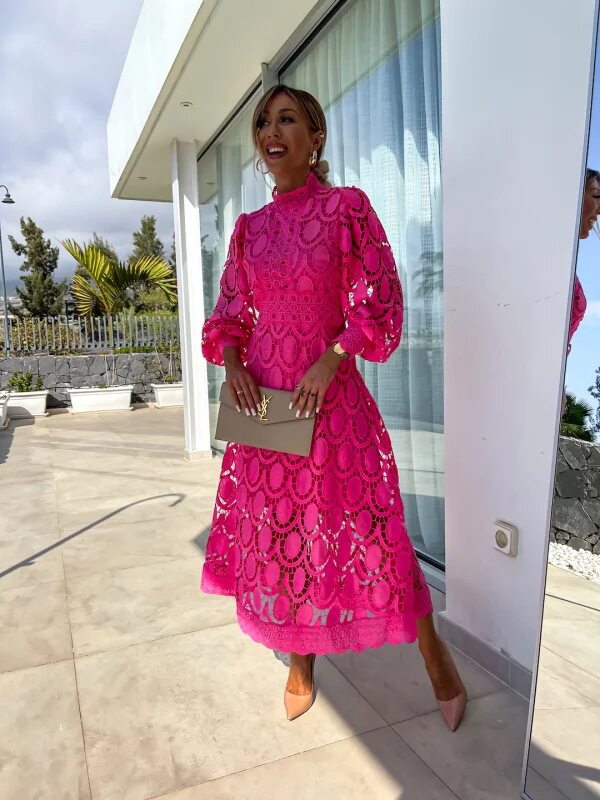 Lace Maxi Dress Sexy Hollow Out Long Sleeve Stand Collar Flared Hem Summer Occasion Wholesale Available